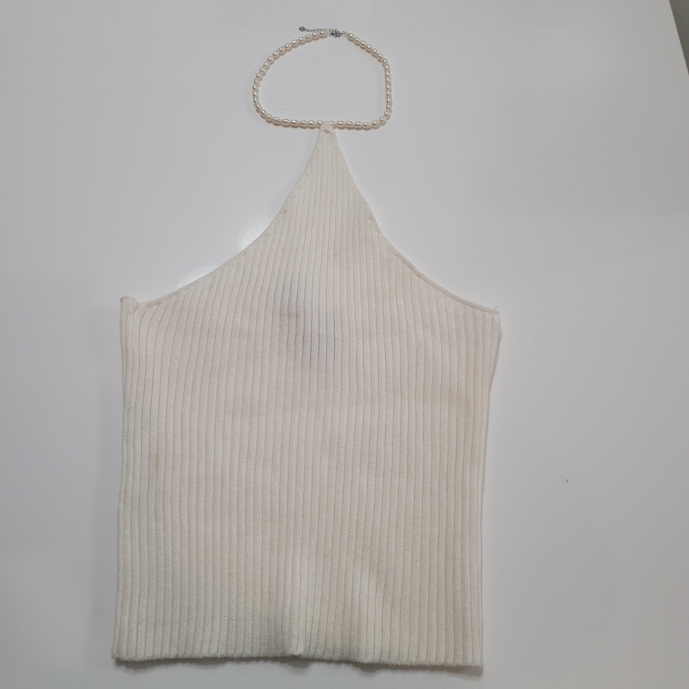 Windsor Off White Ribbed Halter Top with Pearl Size L